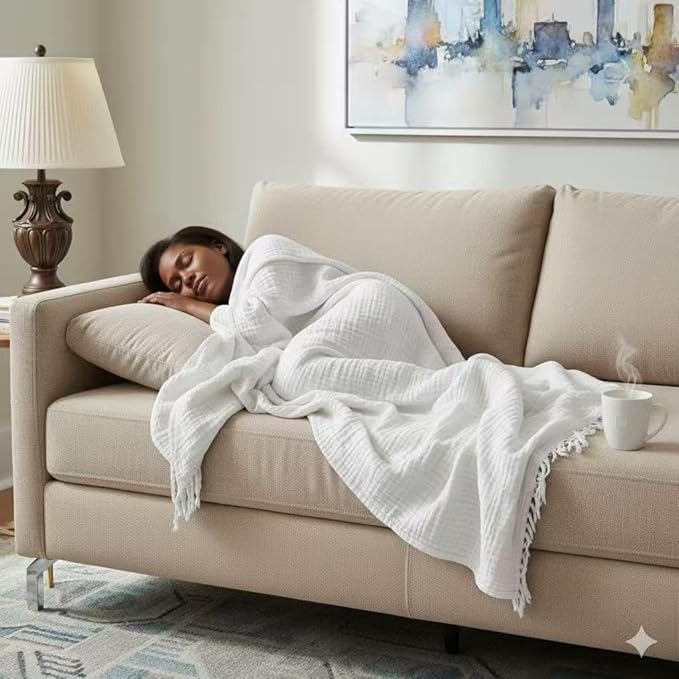 KyraHome 100% Cotton Blanket 60"x80" Large Muslin Throw Blankets for Adults, Couch, Picnic, Travel, Plant Dyed Pre-Washed Breathable Lightweight Soft Gauze Blanket, All Season, White