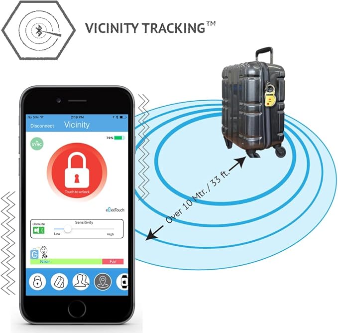 eGeeTouch Smart Travel Padlock with Patented Dual Access Technologies (NFC + BT), Vicinity Tracking, etc. (YELLOW)