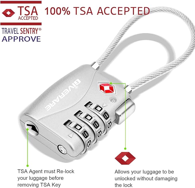 2 Pack TSA Approved Travel Luggage Locks, Long Cable Combination Lock Alloy, Metal Keyless 3-Digit Padlocks, Weatherproof TSA Accepted Padlock for Toolbox Gym Locker Golf Bag Case Backpack-Silver