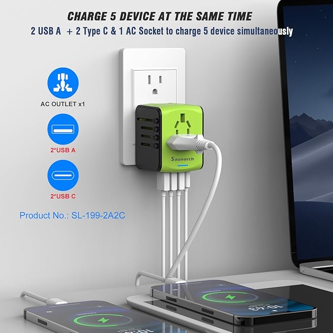 SAUNORCH Travel Adapter Worldwide, Universal International Power Plug Adapter W/2.4A 2xUSB-A and 3.0A 2xType-C Wall Charger, European Travel Plug Adapter for Europe UK EU US CA AU Italy Asia-Green