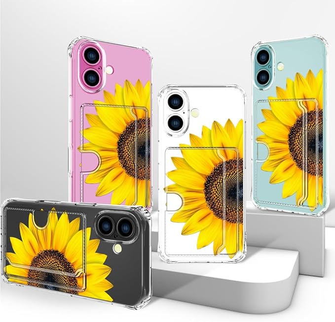 Compatible with iPhone 17 Case Card Holder for Women Cute Design,Wallet Phone Cases Transparent Cool Kawaii Protective (Clear Sunflower Sun Flower)