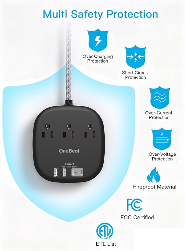 Cruise Ship Travel Essentials, 22.5W/4.5A Flat Plug Power Strip, 6Ft Extension Cord, 3 Outlets 4 USB Ports (2 USB C) Cruise Approved Power Strip No Surge Protection, Desktop Charging Station, Black