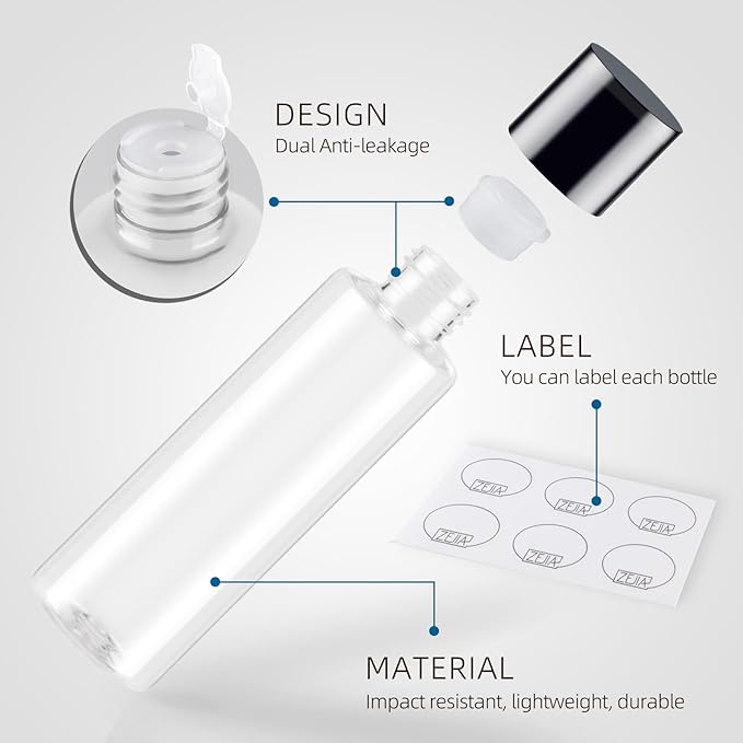 ZEJIA Clear 150ML/5OZ Travel Size Toiletries, 6 Pack Plastic Travel Bottles, Double Leak Proof Travel Size Containers for Shampoo, Lotion, Body Wash, Refillable Empty Travel Bottles with 6pcs Labels