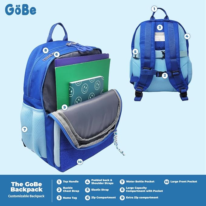 GoBe Kids Travel Backpack with Lunchbag Combo – Washable, Lightweight Luggage Backpack with Customizable Patches, Preschool, Kindergarten - Durable For Travel, School, Airplane, Ages 3-8, Blue
