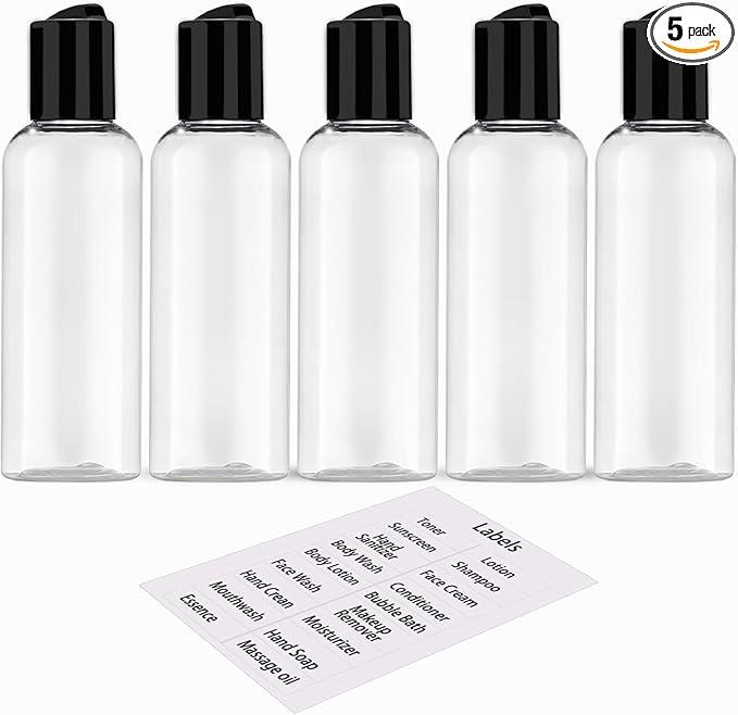 DNSEN 5 Pack 3.4 oz Travel Bottles for Toiletries TSA Approved Leakproof Plastic Empty Travel Size Bottles Containers with Labels