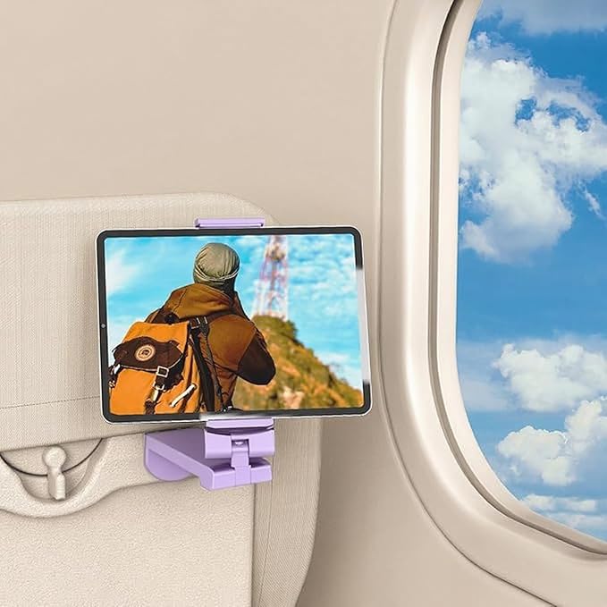 Universal Airplane Tablet Holder, Handsfree Travel Essential Tablet Mount with Multi-Directional 360 Degree Rotation for Flying, Compatible with iPad/Galaxy Tabs, Purple (Only Fits 7–11" Tablets)