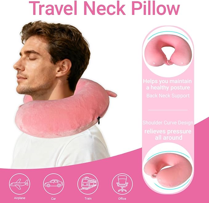 Travel Pillow with Removable Large Hood, Memory Foam Neck Pillow for Airplane, Car, Train Travel Sleeping & Rest, with Soft Cover (Pink)