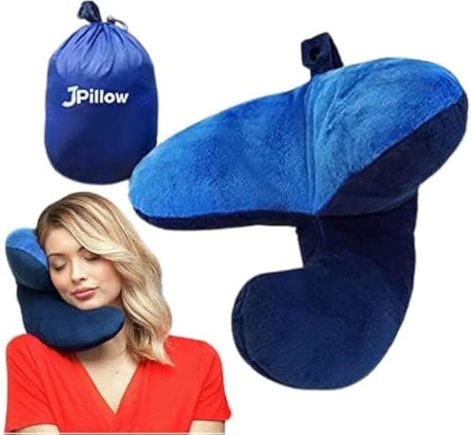 J-Pillow Travel Pillow + Carry Bag, (No Scarf) - Chin & Neck Support in Any Sitting Position, Travel Pillow for Aeroplane - (Blue)
