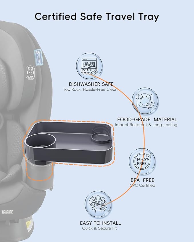 Toddler Car Seat Snack Tray - 3 Inch Cup Holder with Dip Well Fits Most Sippy Cups & Straw Bottles, Mess-Free Square Kids Travel Tray Road Trip Essentials, Dark Grey