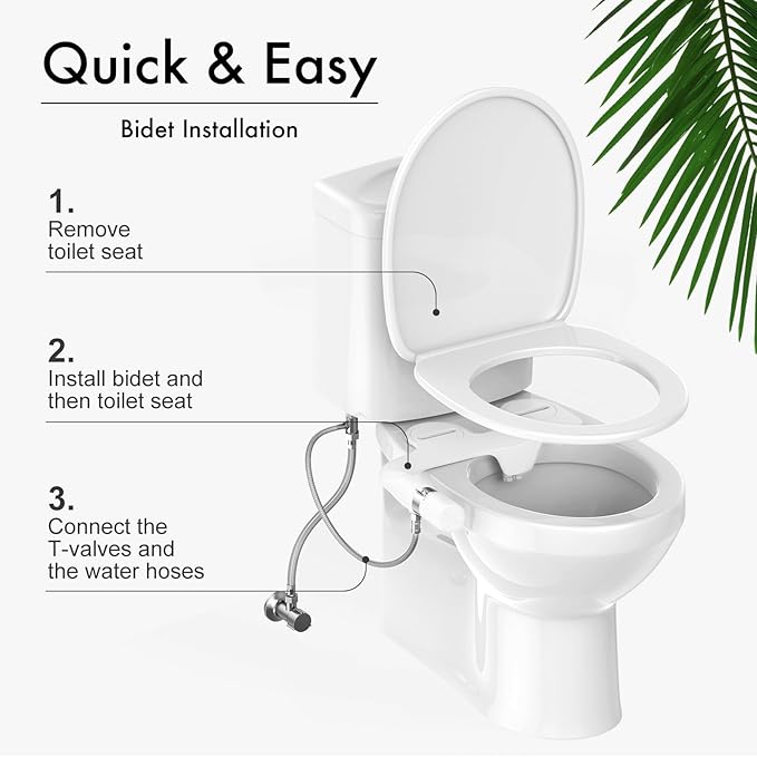 Bidet Attachment for Toilet, Ultra-Slim, Non Electric Dual Nozzle, Fresh Cold Water Spray Sprayer, Bidets Existing Toilets Seat, Baday Beday Badette Bedette, Feminine Rear Wash, Silver White