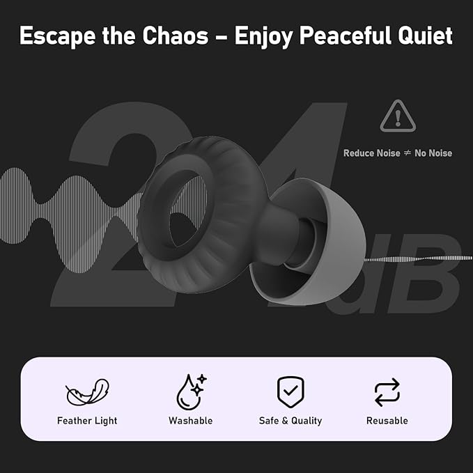 Noise Cancelling Ear Plugs for Sleeping, Concerts, Travel & Couples – Reusable Silicone Earplugs for Noise Reduction & Hearing Protection – 4 Pairs, Black + Black