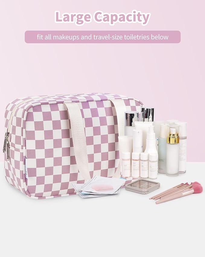 Narwey Large Checkered Travel Toiletry Bag Women Toiletries Bag Pink Makeup Bag Organizer Make up bag Cosmetic Bag Medicine Bag for Girls (Dusty Rose Checkerboard, Large)