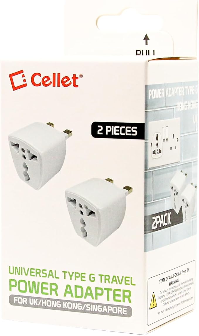 Cellet Universal Travel Adapter: Seamless Plug Conversion for International Travelers AC Wall Power Adapter to Convert China, UK, AU, EU & Other Plugs to US Plug (2PACK) (Type-G (UK HK))