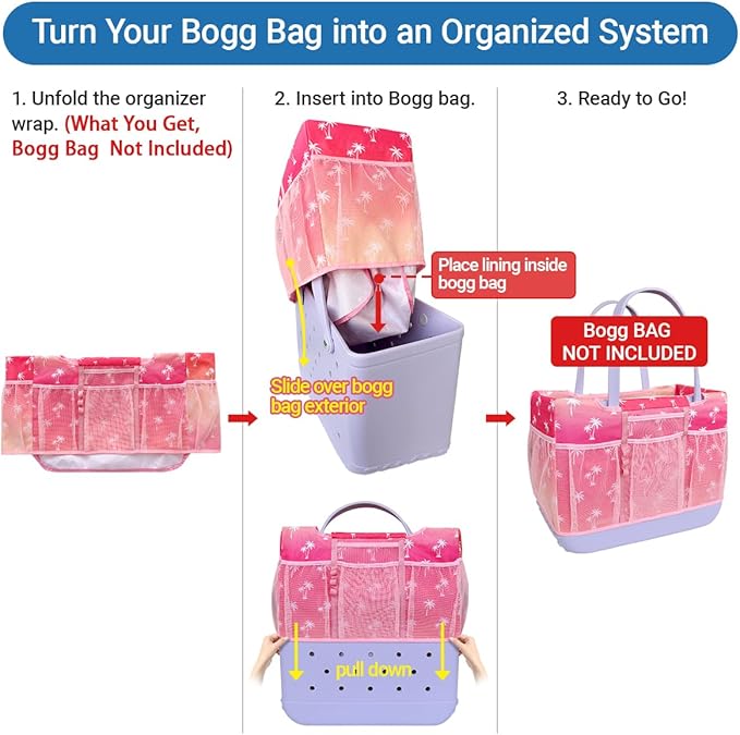 Custom Fit Organizer Bag Insert ONLY for Bogg Bag Custom Fit Inner Liner Pouch for Original Large XL Rubber Tote Zippered Organizer with Pockets for Beach Travel Sports Mom (COCONUT TREE, LARGE)