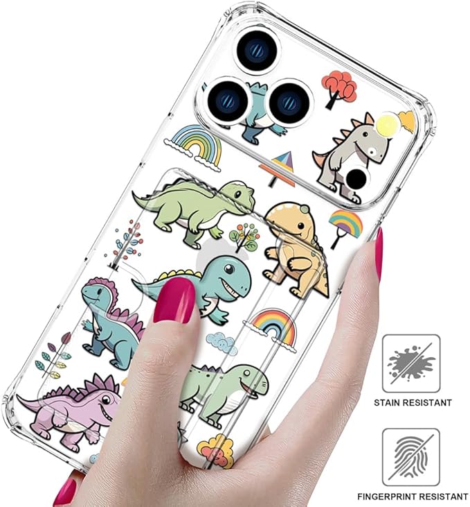 Compatible with iPhone 17 Pro Case Card Holder for Women Cute Design,Wallet Phone Cases Transparent Cool Kawaii Protective (Clear Lovely Dinosaurs)