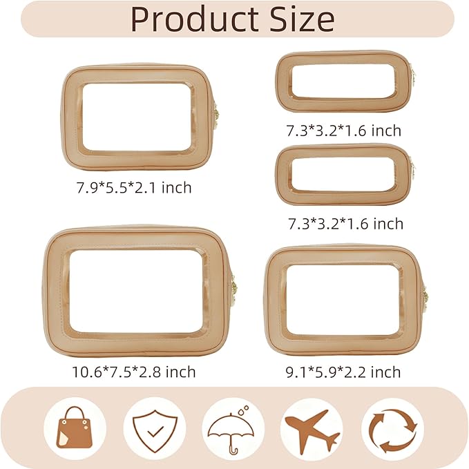 5PCS Diaper Bag Organizer Pouch Set，Clear Organizer Bags,TSA Approved Toiletry Bag,Clear Waterproof Cosmetic Bags with Zipper,Purse Organizer Pouches,Travel Organizer Bags for Woman and Kids Brown