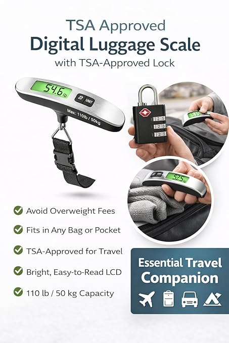 Luggage Scale with TSA Approved Lock, Digital Portable Hanging Baggage Scale 110lb/50kg, Travel Weight Scale for Suitcases, Avoid Overweight Fees, Travel Essentials Gift