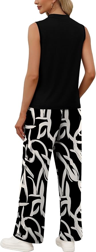 WIHOLL Two Piece Set for Women Summer Spring Outfits Cruise Travel Airport Beach Vacation Mock Neck Wide Leg Pants Set