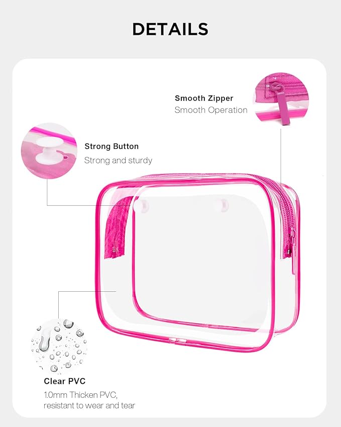 4 Pack Clear Toiletry Bags, Portable Travel Makeup Pouch with Zipper, TSA Approved Organizer, Clear Pouch Bags Compatible With Bogg Bag Divider Accessories(Hot Pink)