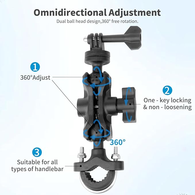 Bike Motorcycle Camera Mount Bundle Kit, 1/4 Screw & Tripod Mount Adapter, 360°Rotating Ball Head Base -Ballhead Arm Bracket Clamp for lnsta360/G0pro, Handlebar Stype(0.59"-1.38") 75013