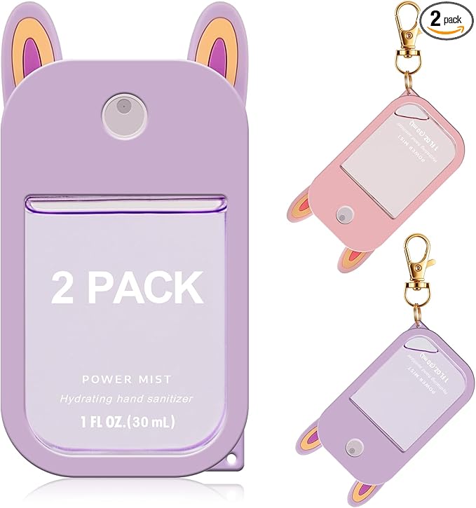 2 Pack Easter Bunny Ear Silicone Case for Touchland Hand Sanitizer Spray 1 FL OZ/30 mL,Purple&Pink Portable with Keychain,Protective Cover Compatible with Touchland,Easter Gifts