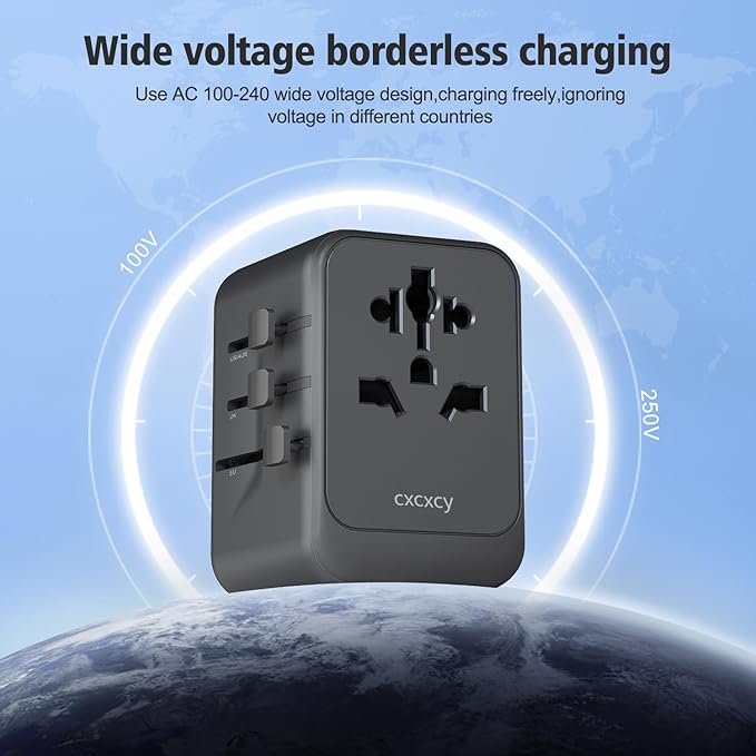 45W GaN Universal Travel Adapter | 5 Port International Power Adapter with 2 USB-C PD 3.0, 2 USB-A QC 3.0 & AC Outlet | Worldwide Travel Plug for US, EU, UK, AU & Most Countries