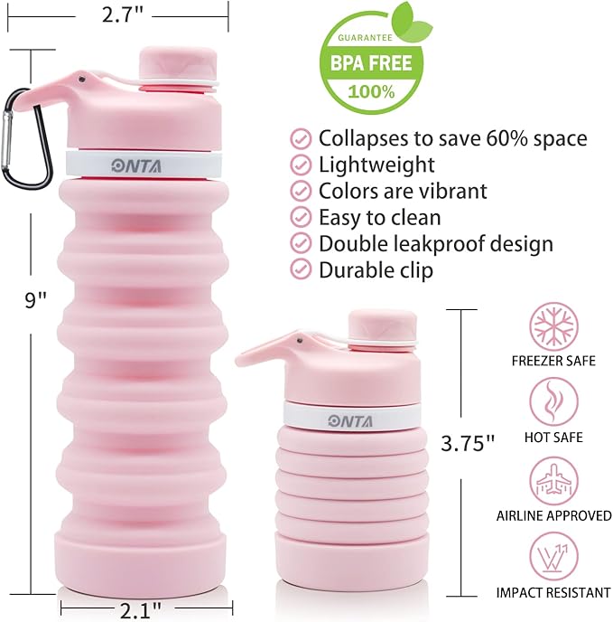 ONTA Collapsible BPA Free Silicone Water Bottle, 20oz - Portable, Leakproof, Easy Clean, Shatter Resistant, Travel Friendly