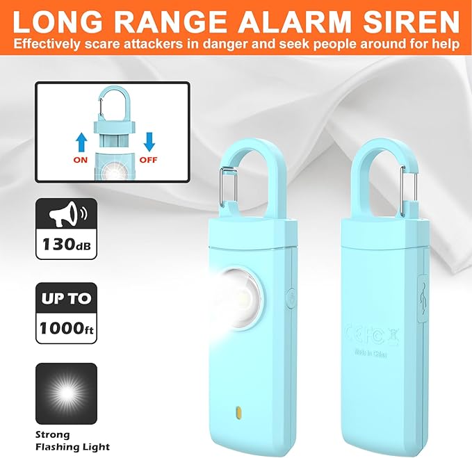 Personal Safety Alarm, 130dB Rechargeable Self Defense Siren with LED Strobe Light, USB-C Emergency Keychain Alarm for Women Kids Elderly (Aqua)