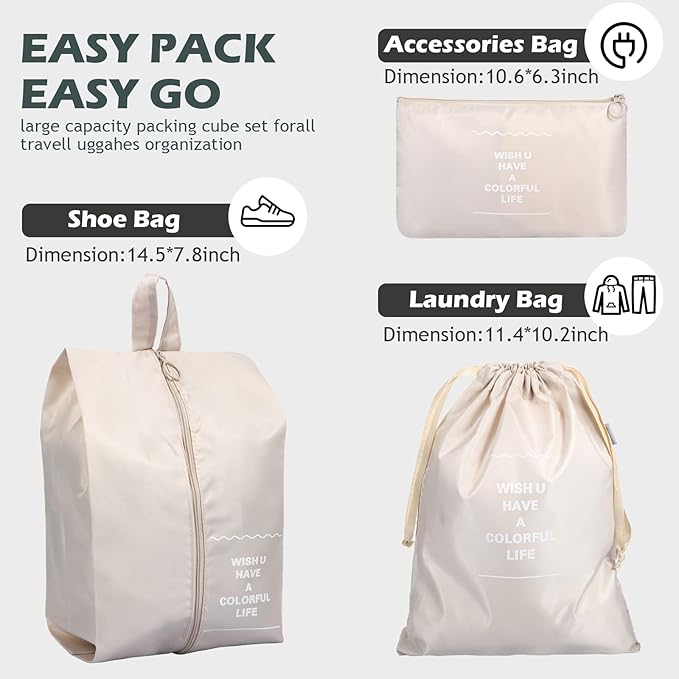 Chumia 21 Set Packing Cubes Back to School Travel Clothes Luggage Suitcases Organizer Trip College Dorm Toiletry Shoes Bag(Beige, Gray, Lake Blue)