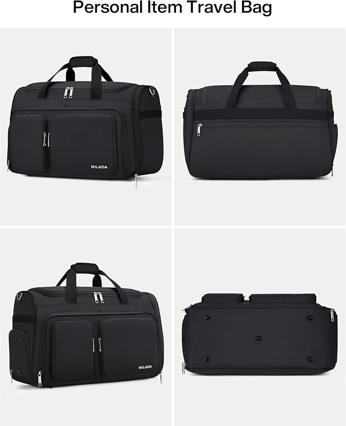 MILADA Carry On Luggage Bags for Travel Lightweight Personal Item Travel Bag Foldable Large Duffle Bag for Travel Tote Overnight Bags for Women Mens Weekender Bags, Black