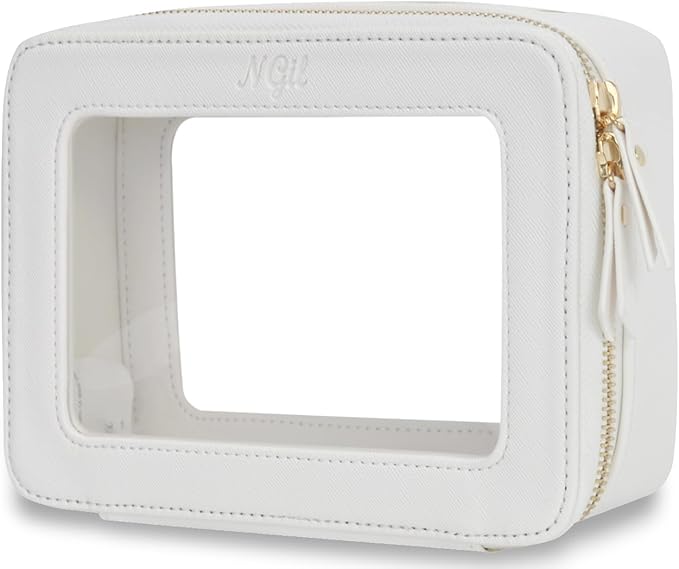 NGIL Clear Faux Leather Travel Toiletry Bag, Makeup Bag Organizer for Women, Clear Window & Gold Zipper Makeup Bag, Road Trip Essential, Skincare, Cruise Ship Essentials (White)