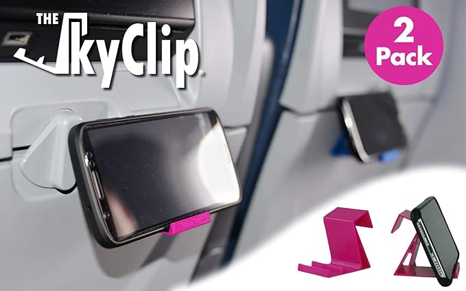The SkyClip Airplane Cell Phone Back of Seat Inflight Tray Table Clip and Sturdy Phone Stand, Compatible with iPhone, Android, Tablets, and Readers, Travel Must Have (Pink 2 Pack)