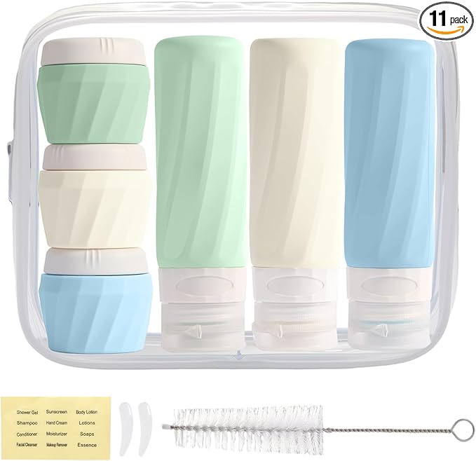 11 Pack Travel Bottles for Toiletries, TSA Approved 3oz Leak Proof Refillable Silicone Squeezable Containers Kit for Shampoo Lotion Conditioner with Toiletry Bag