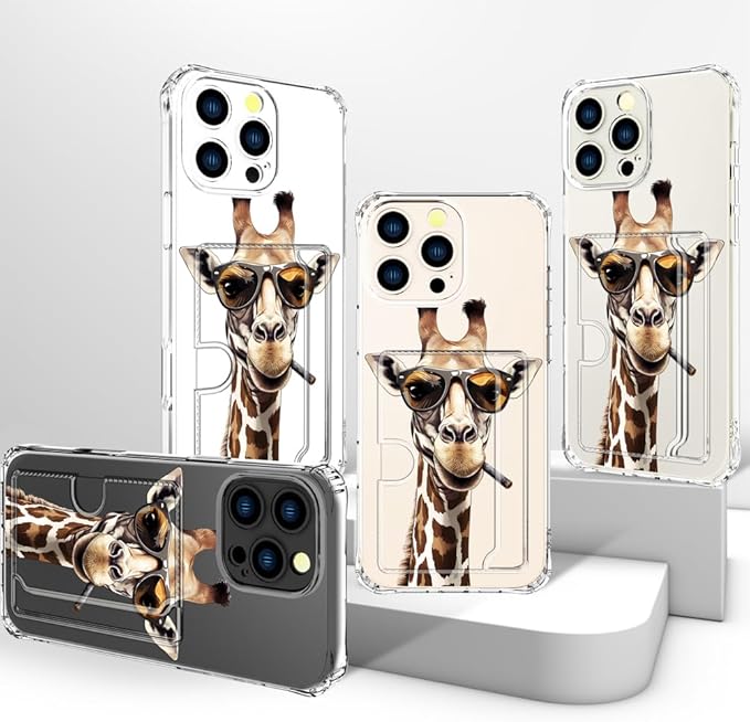 Compatible with iPhone 16 Pro Max Case Card Holder for Women Cute Design,Wallet Phone Cases Transparent Cool Kawaii Protective (Clear Giraffe Smoking Animal)