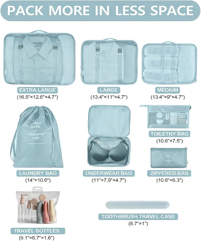 11 Set Packing Cubes for Travel,Gifts for Women Mom,Anti-Tearing Suitcase Organizer for Luggage with Shoe & Hanging Toiletry Bag, Toiletries Travel Bottles, 3 Portable Toothbrush Cases, Blue
