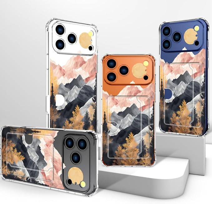 Compatible with iPhone 17 Pro Max Case Card Holder for Women Cute Design,Wallet Phone Cases Transparent Cool Kawaii Protective (Clear Mountain Hill Landscape)