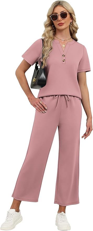 OFEEFAN 2 Piece Sets for Women Spring Fashion Beach Vacation Cruise Outfit Dressy Casual Wide Leg Crop Pants Resort Wear