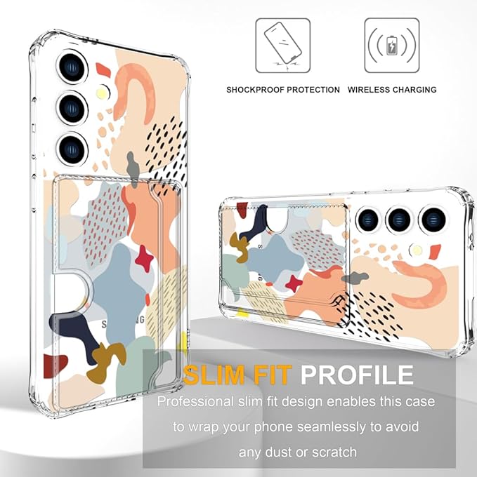 Compatible with Samsung Galaxy S24 / S25 Case Card Holder for Women Cute Design,Wallet Phone Cases Transparent Cool Kawaii Protective (Clear Abstract Art)