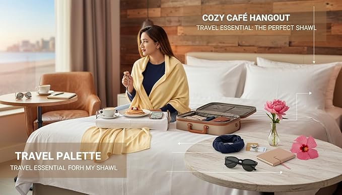 Wayfarer Shawl with Pouch | Voyagers Comfort Set with Luxury Travel Scarf, Eye Mask, Satin Scrunchies & Travel Pouch
