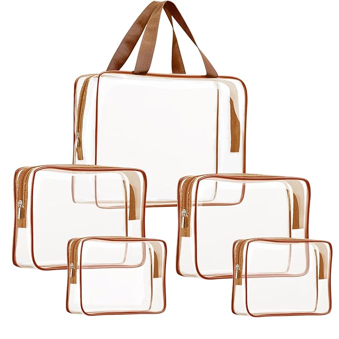 5Pcs Crystal Clear PVC Travel Toiletry Bag Kit for Women Men, Waterproof Vinyl Packing Organizer Storage Bags with Zipper Handle Straps, Cosmetic Pouch Carry on Airport Airline Compliant Bag Handbag