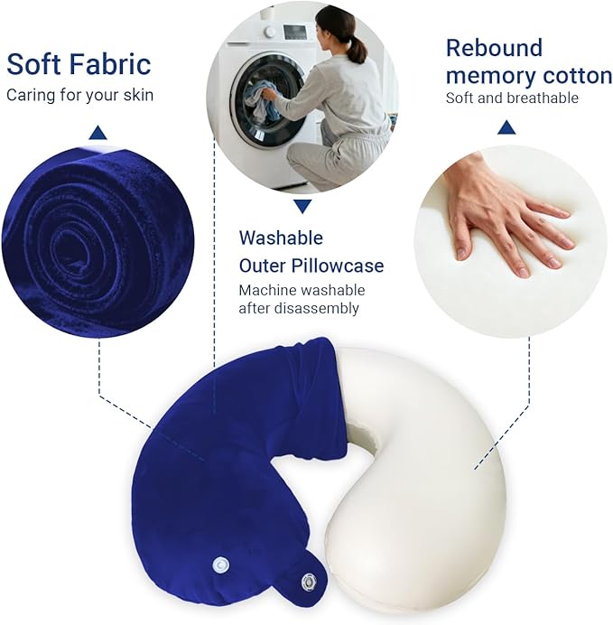 Travel Pillow with Removable Large Hood, Memory Foam Neck Pillow for Airplane, Car, Train Travel Sleeping & Rest, with Soft Cover (Blue)