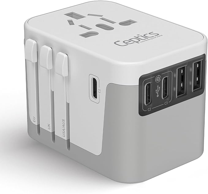 Ceptics 6 in 1 Universal Travel Adapter, Universal Outlet w/ 2X USB-A and 3X USB-C 6A, Travel Power Adapter for use in EU, UK, US, AU and More, Universal Plug for Mobiles, Laptops- UP-30KU-WH