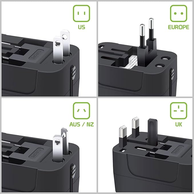 Portable Worldwide Universal Power Adapter Converter All in One International Wall Charger Plug for Wall Plug Input in USA EU UK France Italy Australia India Outlets (with USB-A and USB-C)