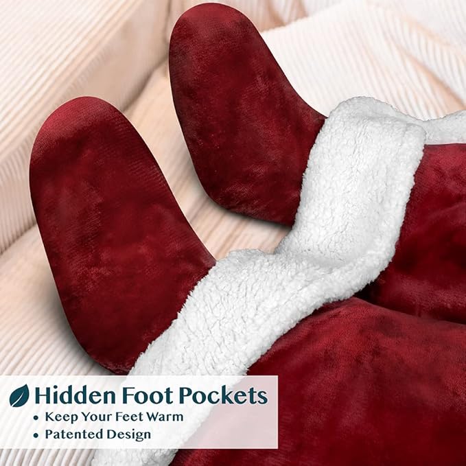 PAVILIA Sherpa Blanket with Sleeves, Foot Pocket for Women Men Adults, Thick Wearable Blanket Throw Wrap, Fleece Warm Snuggle Blanket Robe, Cozy Gift Ideas Wife Mom, Dark Red