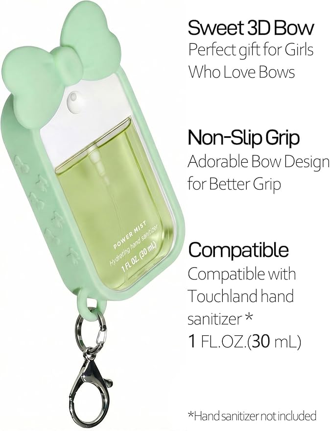 Silicone Bow Case Compatible with Touchland Hand Sanitizer Spray 1 oz (30 mL), Cute Holder with Keychain Clip, Gift for Girls
