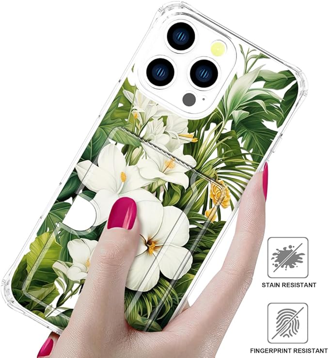 Compatible with iPhone 16 Pro Case Card Holder for Women Cute Design,Wallet Phone Cases Transparent Cool Kawaii Protective (Clear Green Flowers Tropical Jungle)