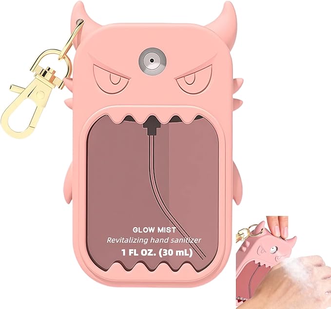 Hand Sanitizer Case Compatible with Touchland 1 Fl Oz, Cute Monster Silicone Spray Holder with Keychain for Bags, Pink