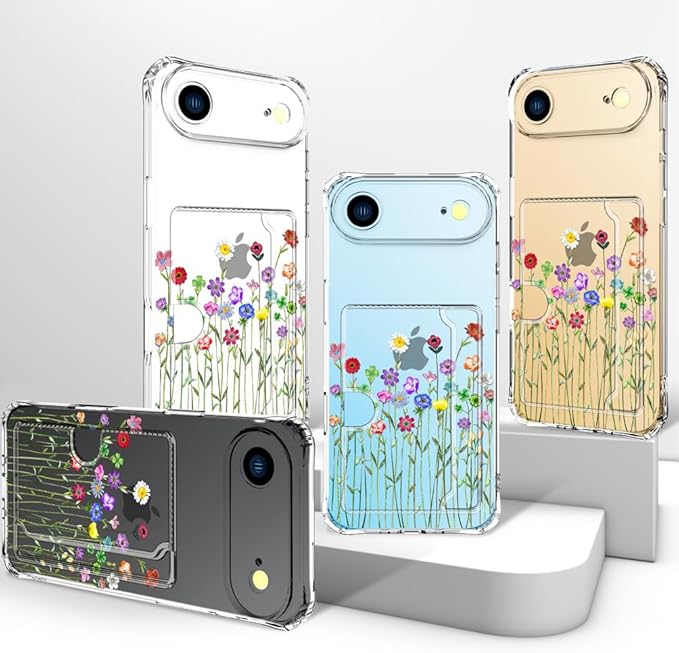 Compatible with iPhone 17 Air Case Card Holder for Women Cute Design,Wallet Phone Cases Transparent Cool Kawaii Protective (Clear Flower Floral Bouquet)