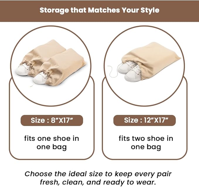 LFH Cotton Shoe Storage Bags with Drawstring, Dustproof Breathable Reusable Organizer, Perfect For Travel, Dorm, Hotel, College, Gym, Easy to Carry, Machine Washable 8"x17" (Pack of 6) - Natural