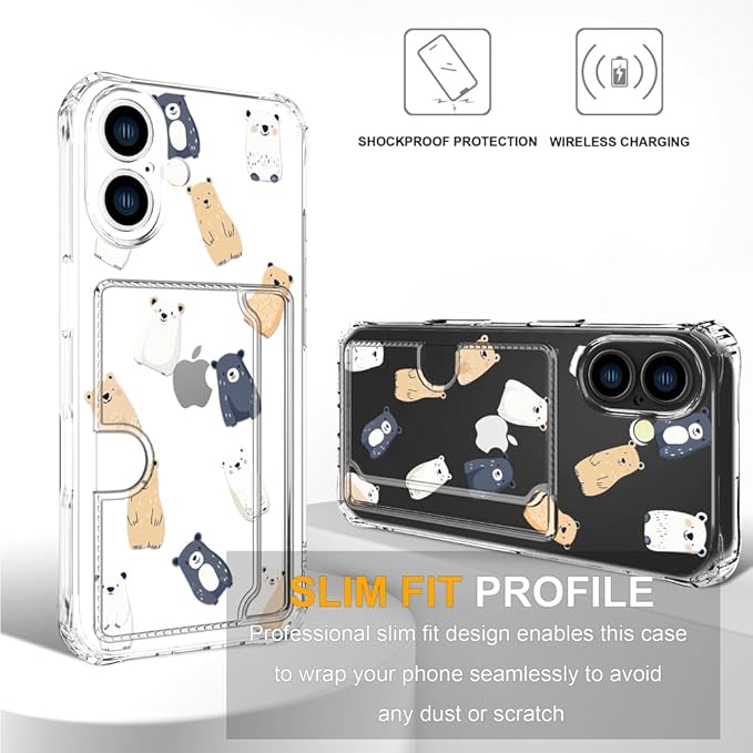 Compatible with iPhone 17 Case Card Holder for Women Cute Design,Wallet Phone Cases Transparent Cool Kawaii Protective (Clear Lovely Bears Funny)